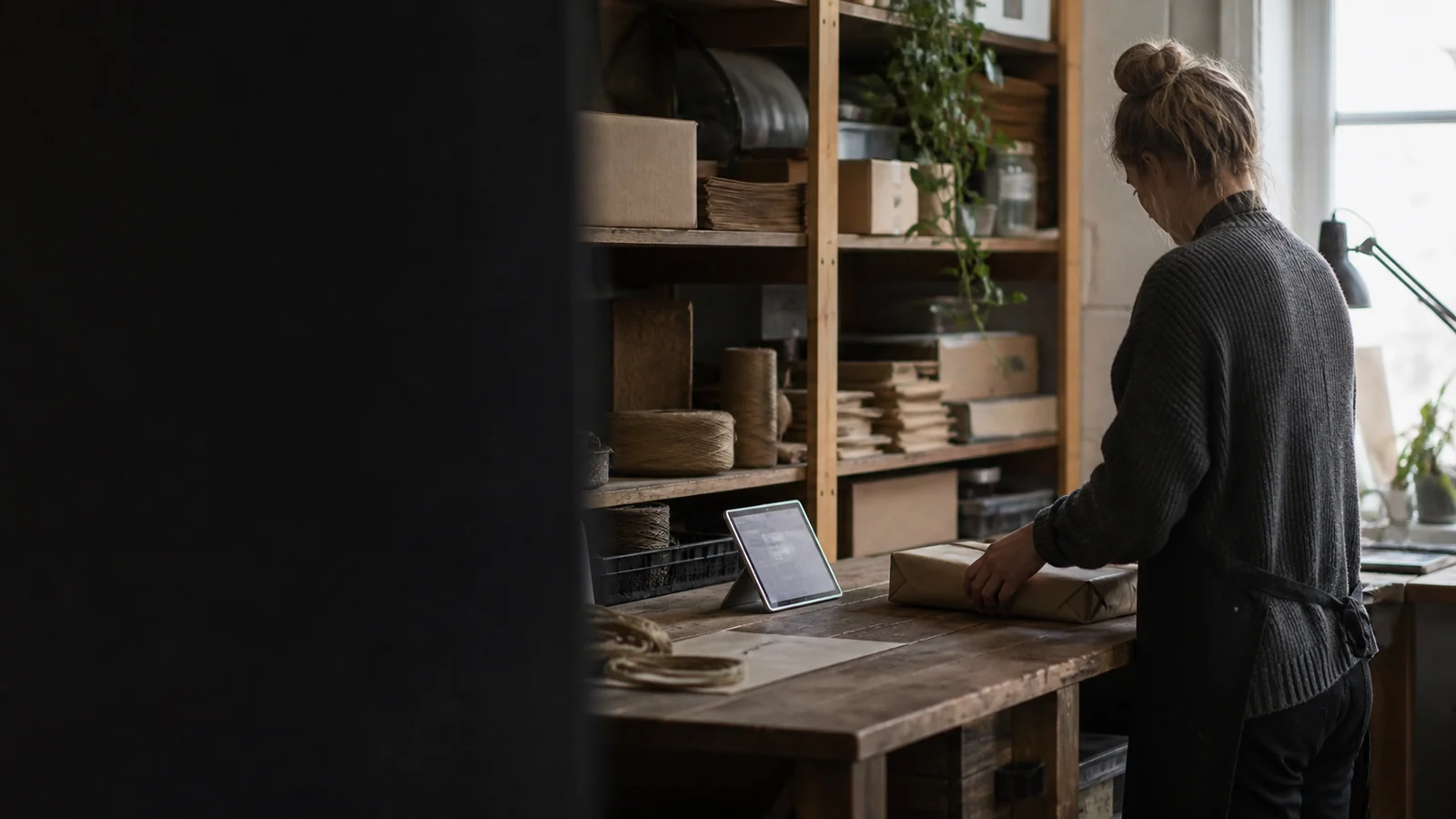 A small business employee packing an order and using a tablet