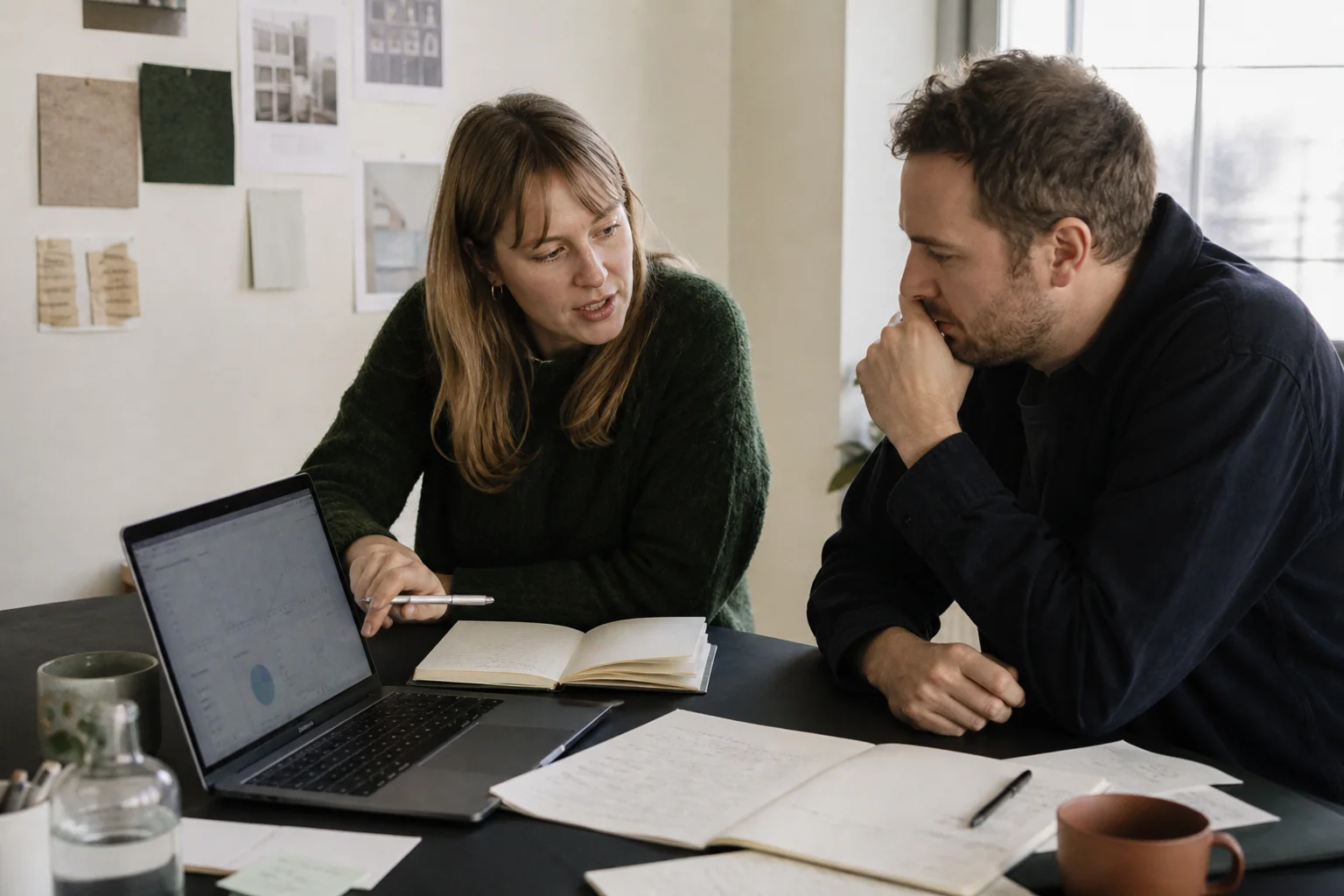 Two small-business employees reviewing information and discussing the next decision