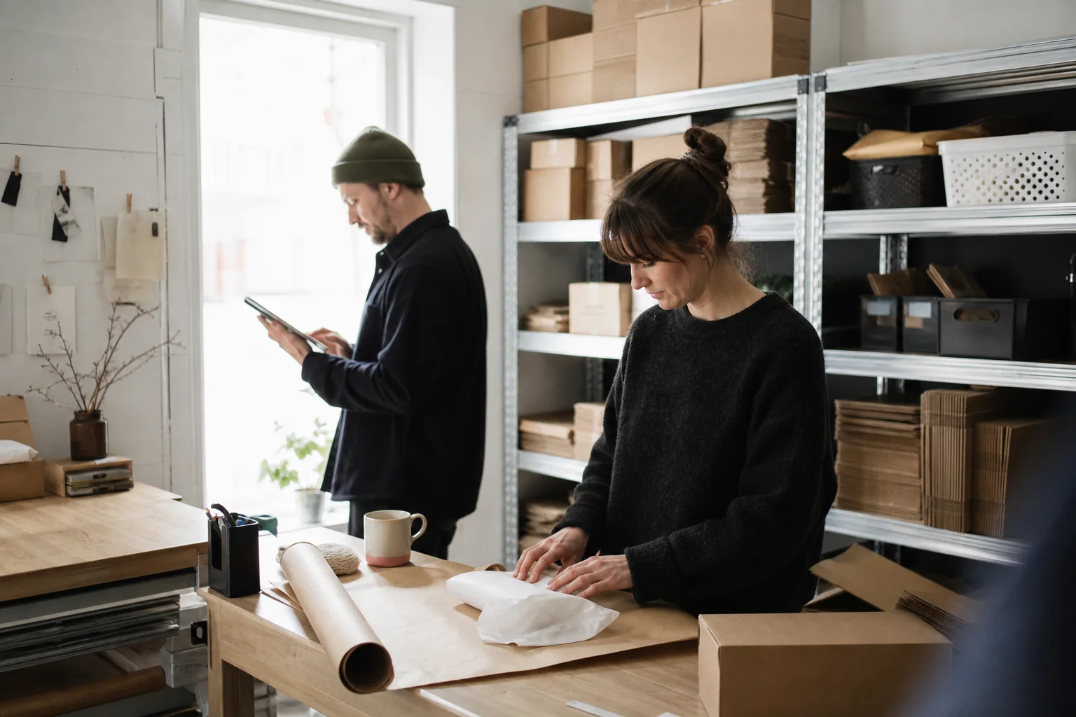 Two small-business employees handling the day's orders and parcels
